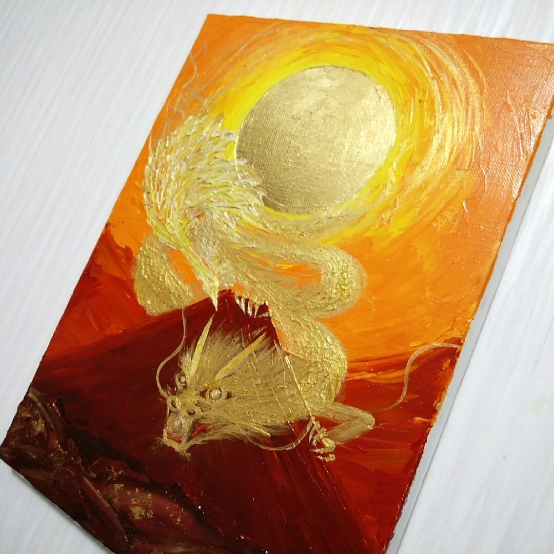 風水最強開運絵画＊金陽赤富士～光皇后鳳凰と金龍帝王龍神降臨～金箔金